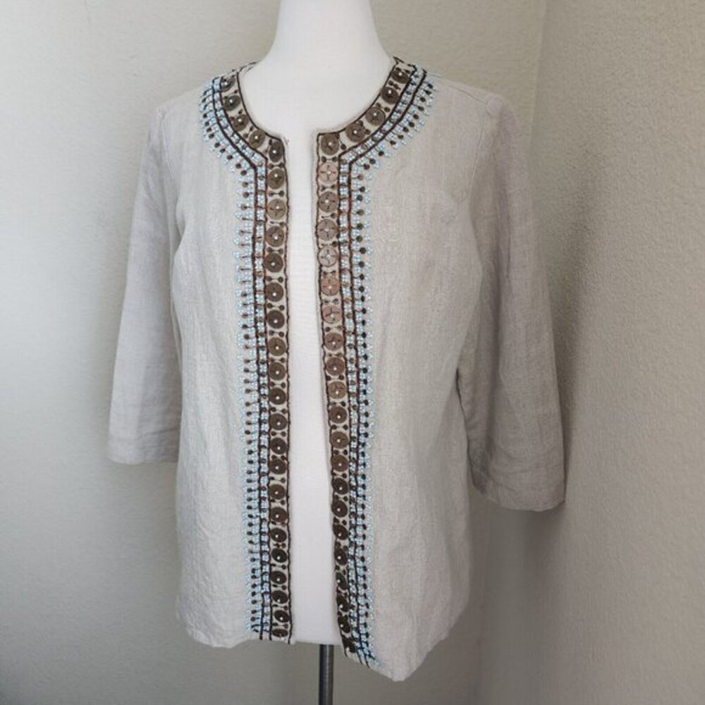 Chicos Jacket Women's 2 L 12 Embellished 100% Linen 3/4 Sleeves Tan Boho Casual - Picture 2 of 15